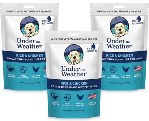 Three teal and white bags of Under the Weather Rice and Chicken freeze-dried bland diet dog food