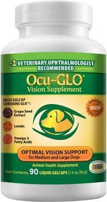Animal Necessity Ocu-GLO Vision Supplement bottle, 90 liquid gelcaps for medium and large dogs