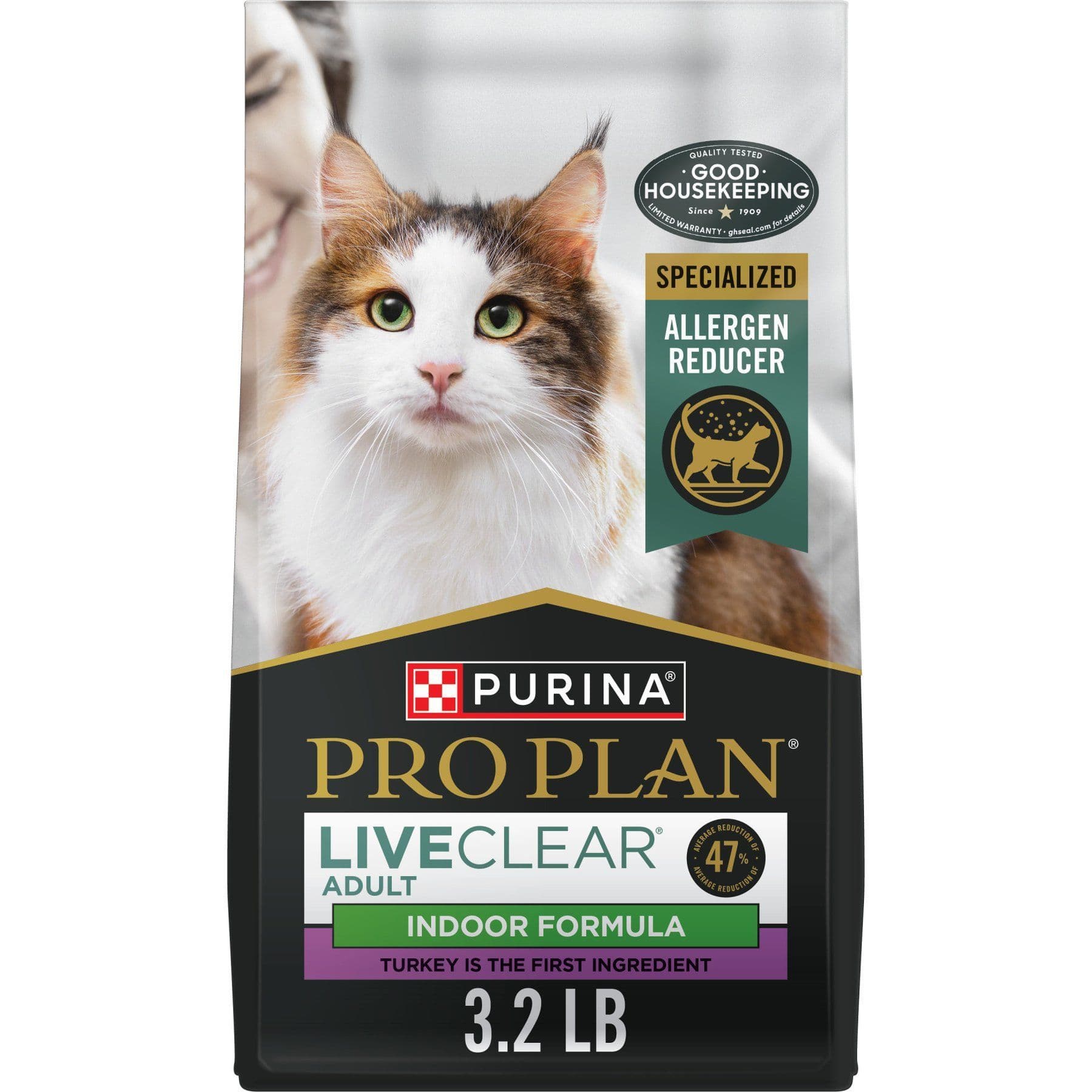 Purina Pro Plan LiveClear Adult Indoor Allergen Reducing Turkey & Rice Formula Dry Cat Food, 3.2-lb bag