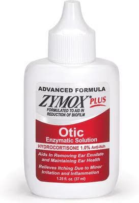 Zymox Plus Advanced Formula Otic Enzymatic Solution bottle, 1 percent hydrocortisone for dog and cat ear infections, 1.25 fl oz
