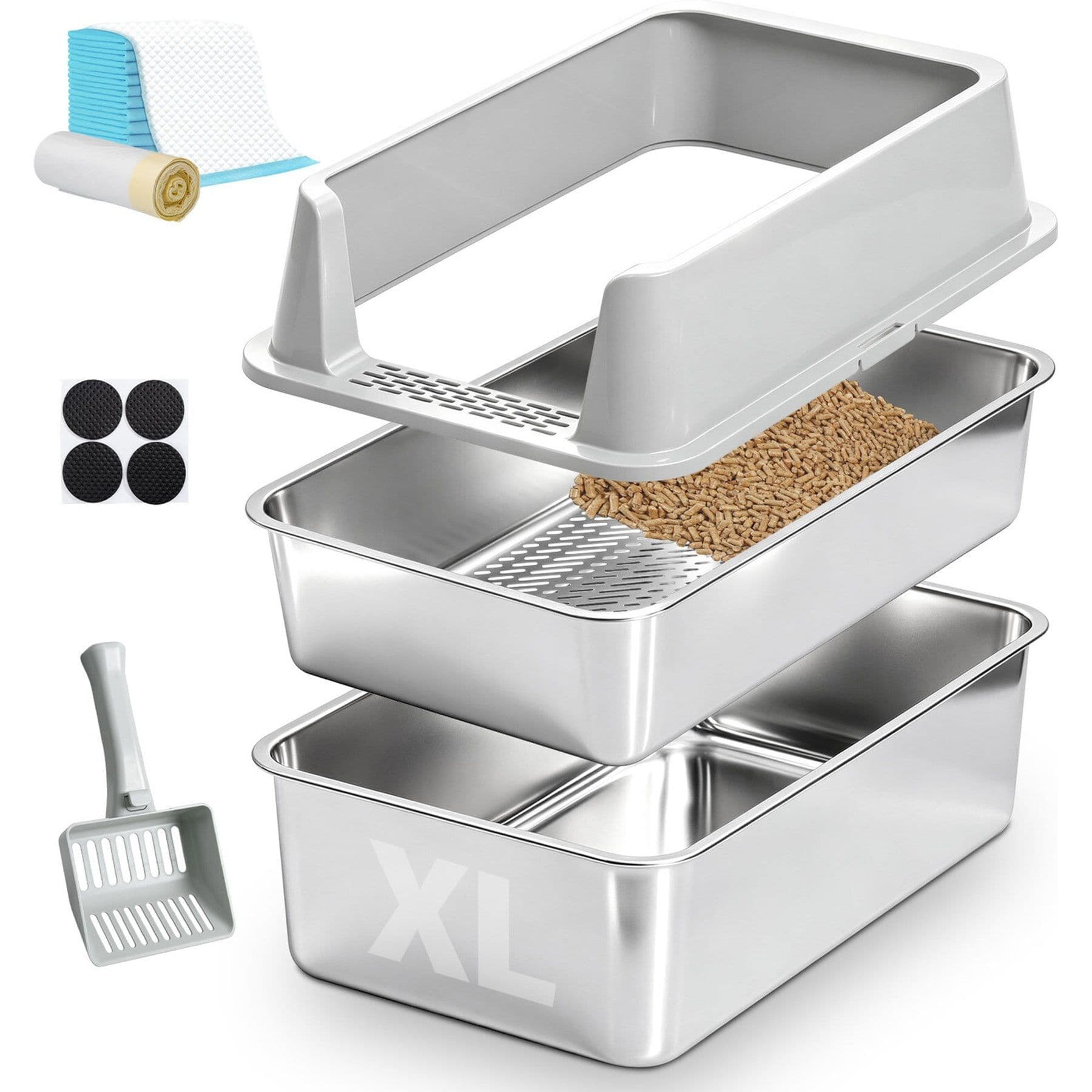 FUTAM Stainless Steel Sifting Cat Litter Box for Pine Pellets with Lid, X-Large