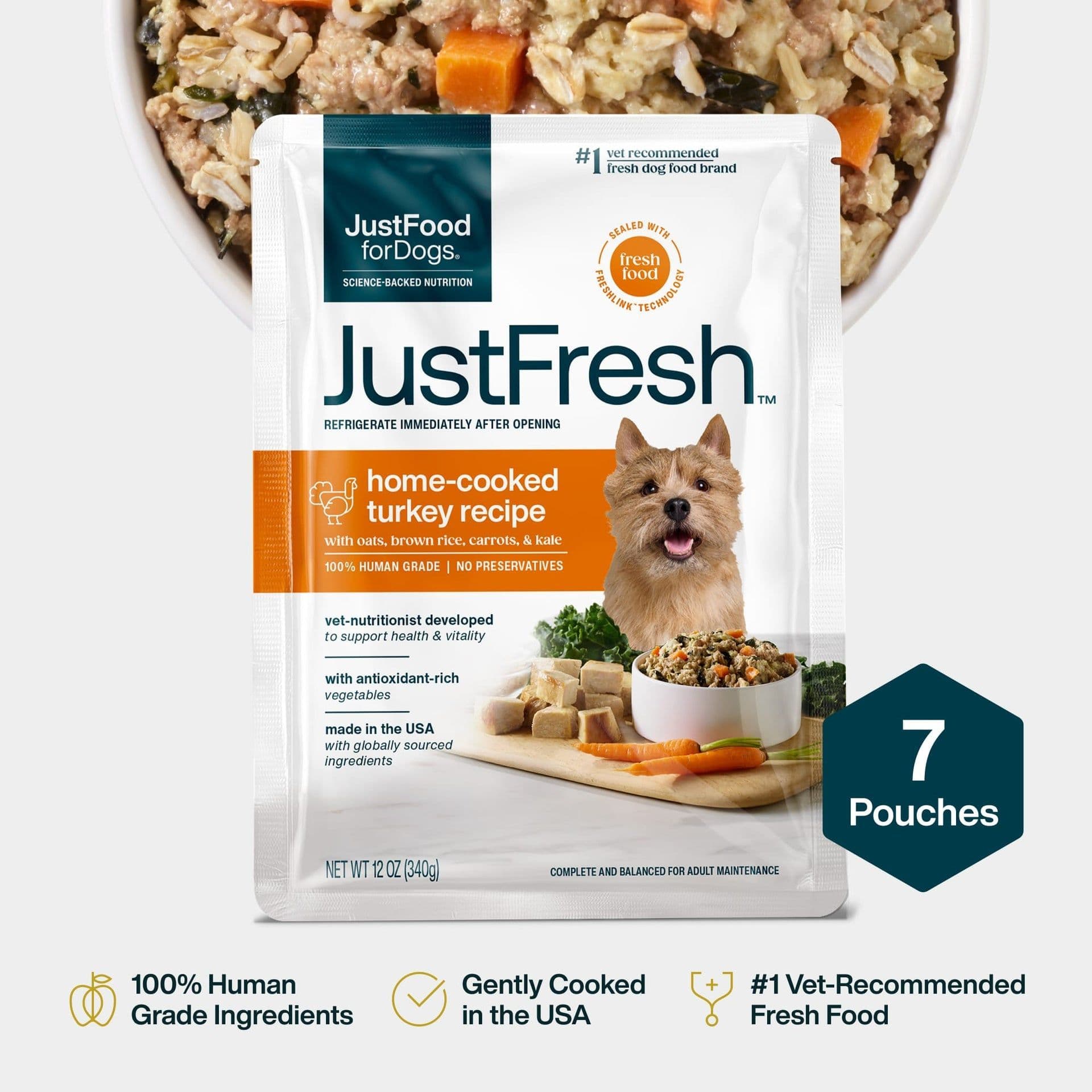 JustFoodForDogs JustFresh Turkey package and prepared meal