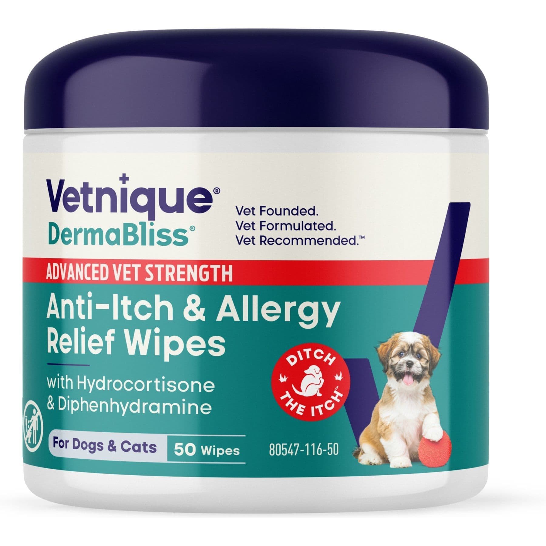 Vetnique Labs DermaBliss Advanced Vet Strength Antihistamine & Hydrocortisone Itch Relief, Allergies & Odor Control Cat & Dog Wipes, 50 count