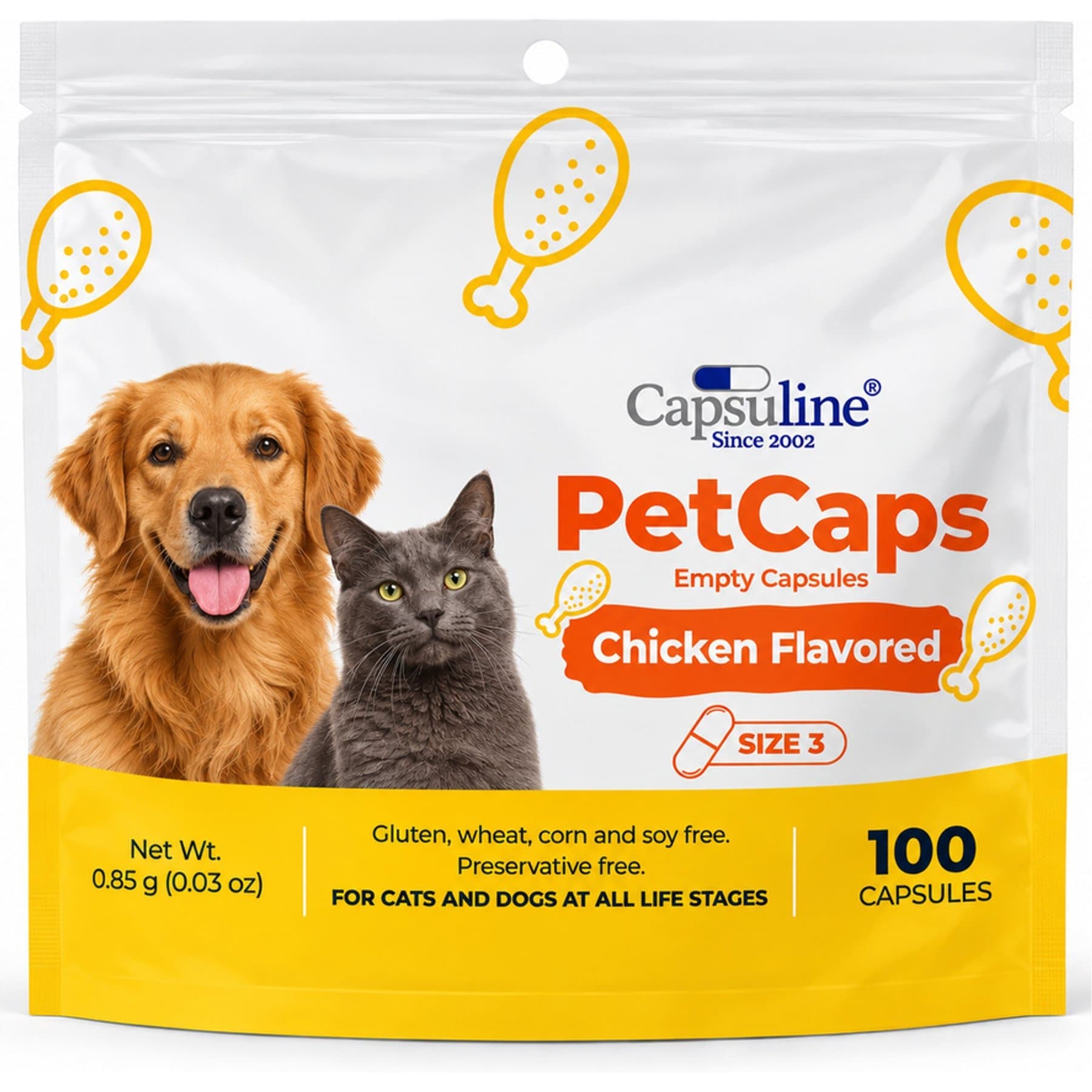 Capsuline PetCaps Size 3 Chicken Flavored Empty Gelatin Cat Pill Capsules, 100 count