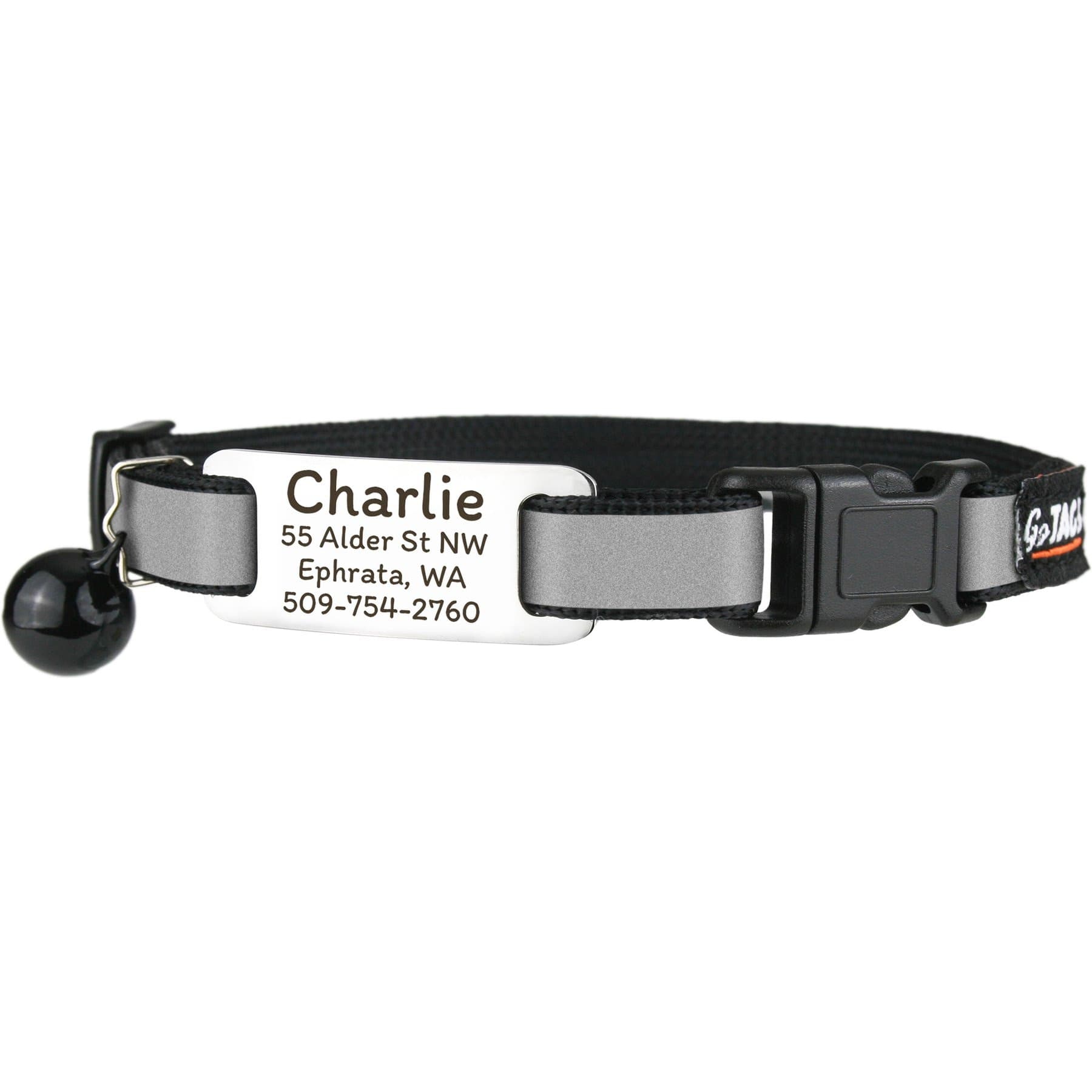 GoTags Nylon Personalized Reflective Tag with Bell Breakaway Cat Collar, Black