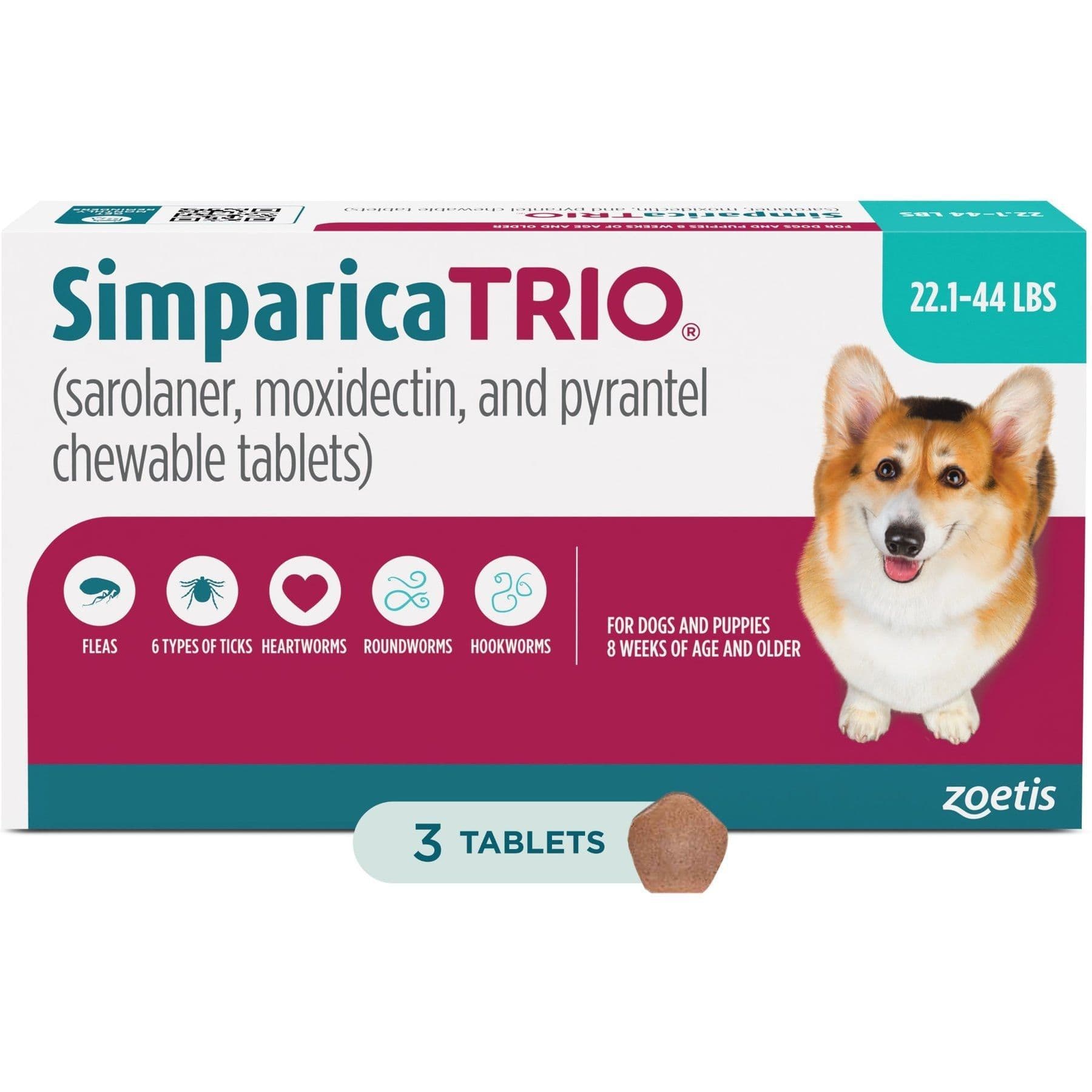 Simparica Trio Chewable Tablet for Dogs, 22.1-44.0 lbs, 3 Chewable Tablets (3-mos. supply)