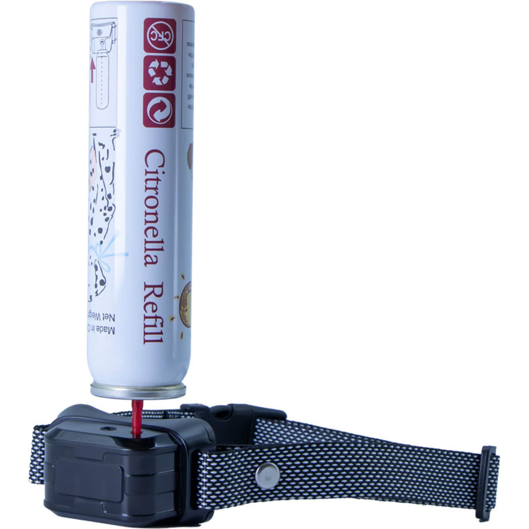 Black Pet Life Bark Myst collar shown with a citronella refill can