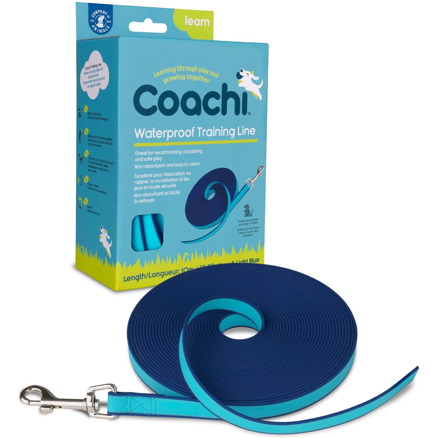 Coiled navy and teal Coachi training line with clip and packaging