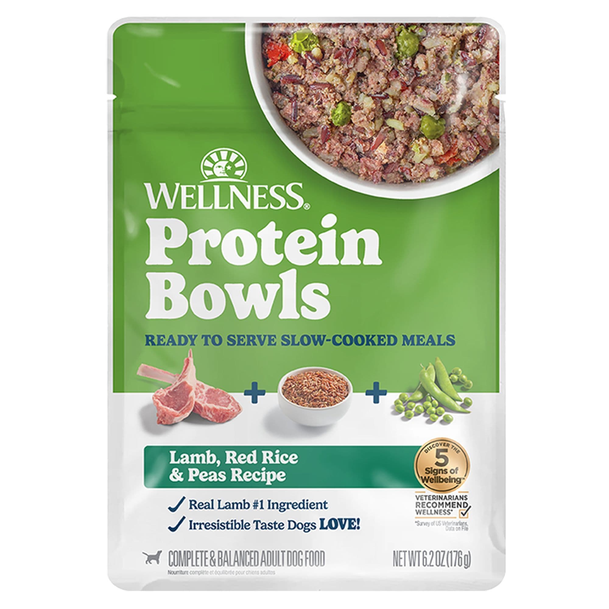 Wellness Protein Bowls Lamb, Red Rice and Peas Recipe slow-cooked wet dog food in a 6.2 oz green pouch.