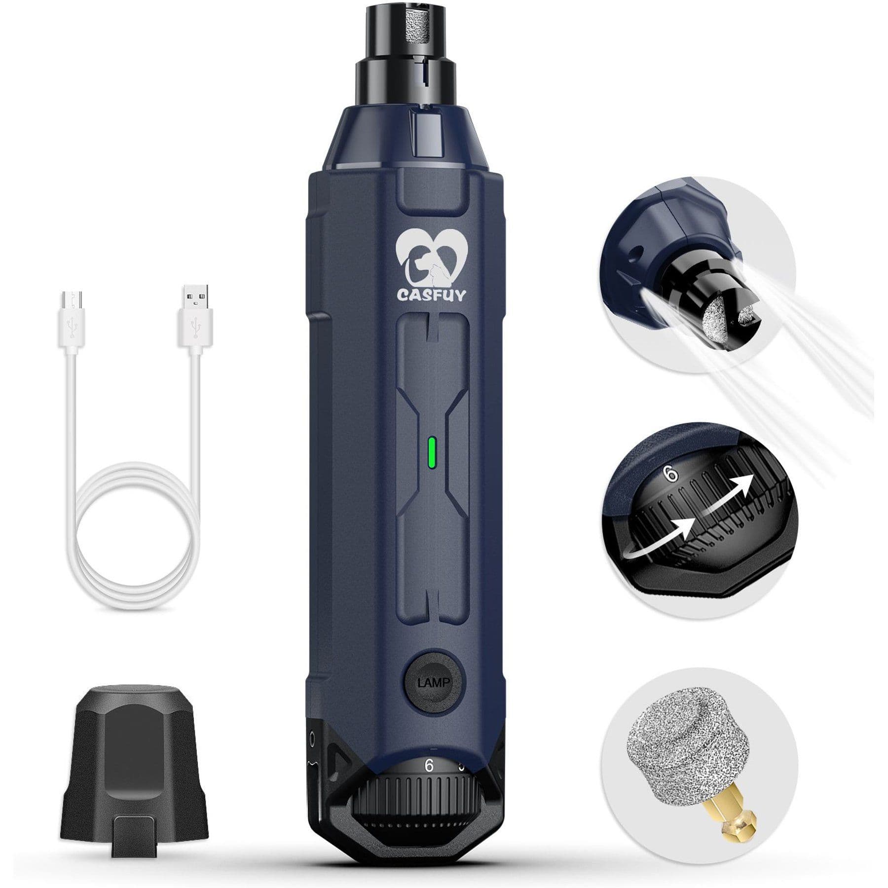 Casfuy upgraded quiet six-speed dog and cat nail grinder with two LED lights