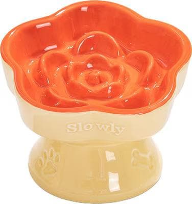 PawsPik sunset orange raised ceramic slow feeder dog and cat bowl with flower maze