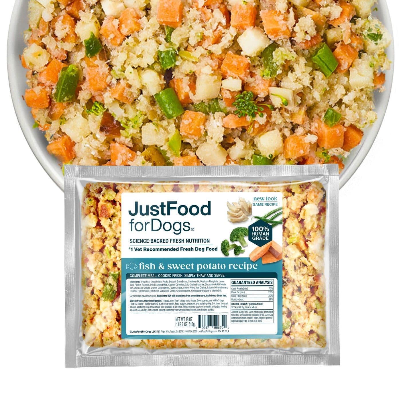 JustFoodForDogs Fish & Sweet Potato genuine product packaging