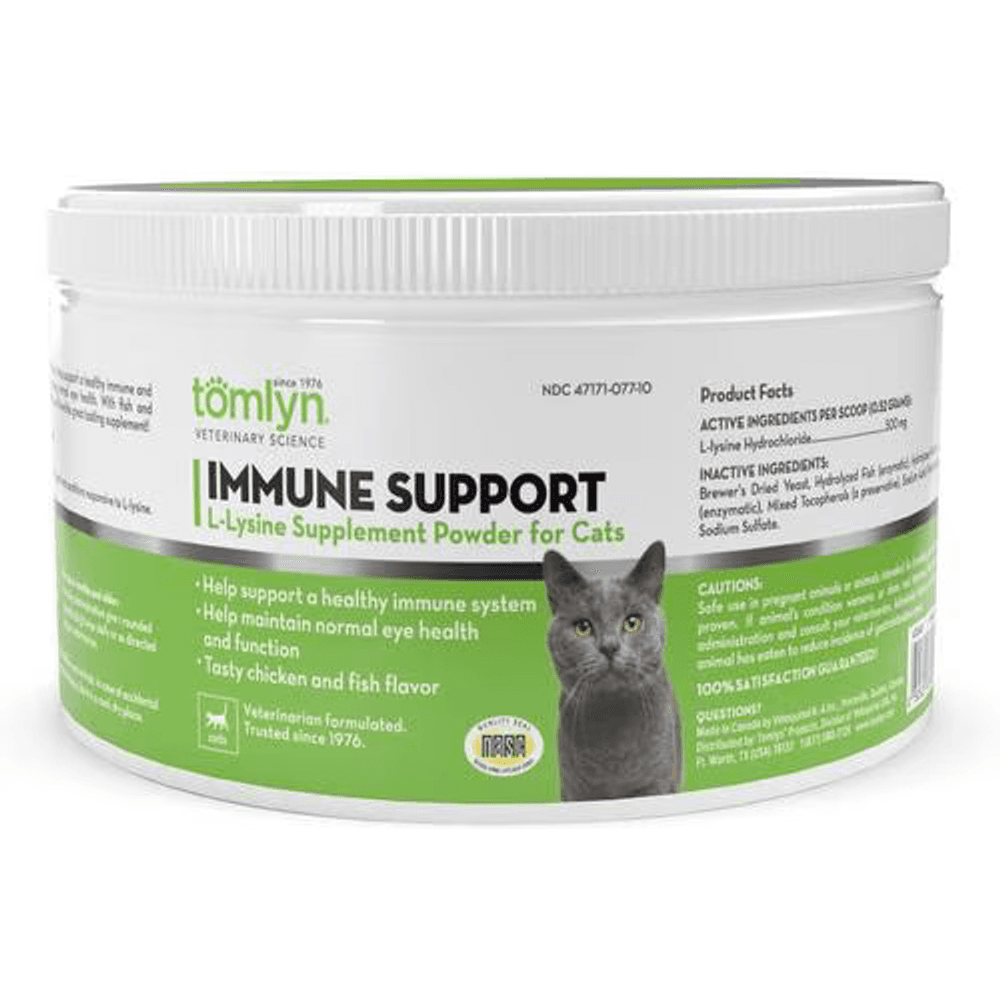 Tomlyn Immune Support L-Lysine supplement powder tub for cats, green and white label