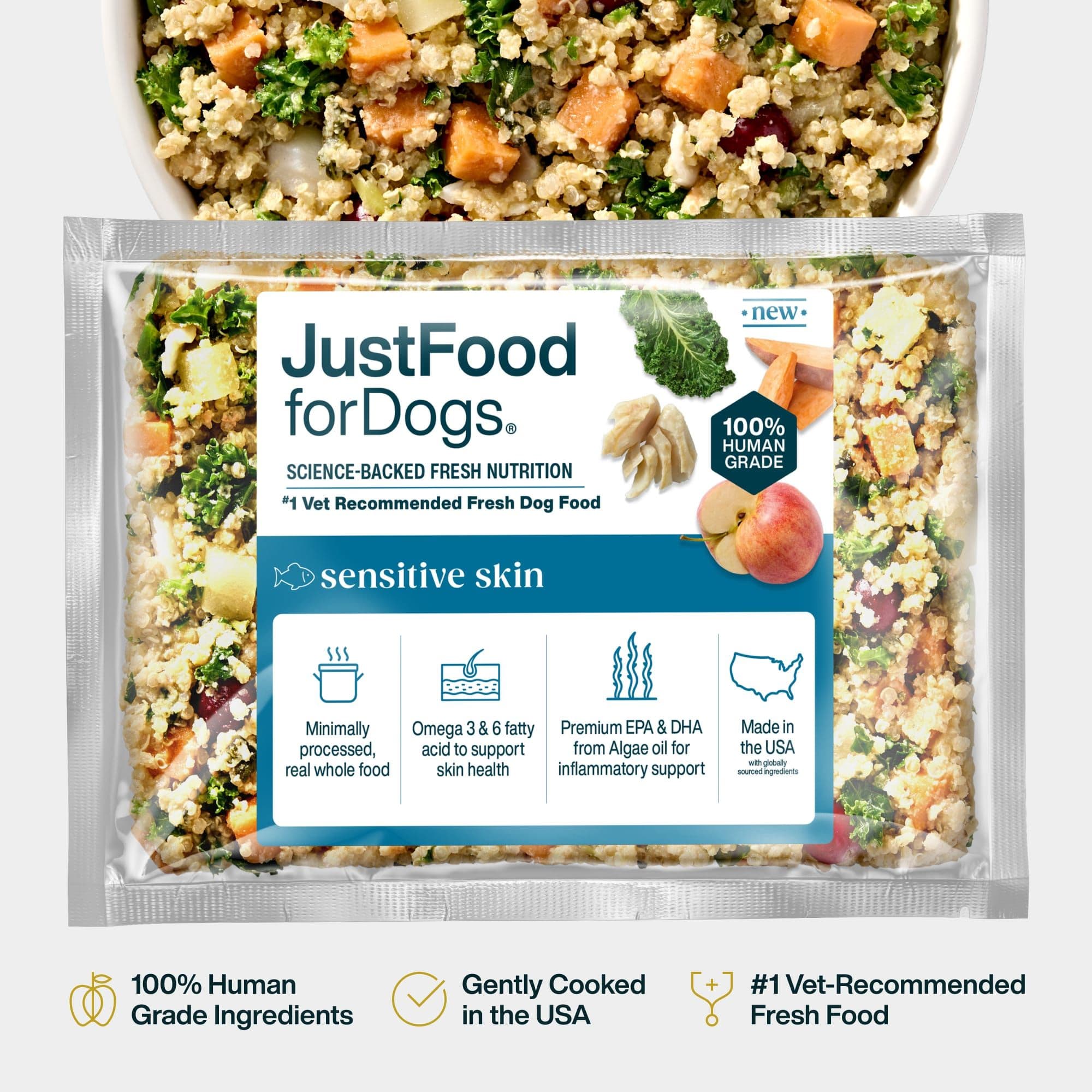 JustFoodForDogs Sensitive Skin package and prepared meal