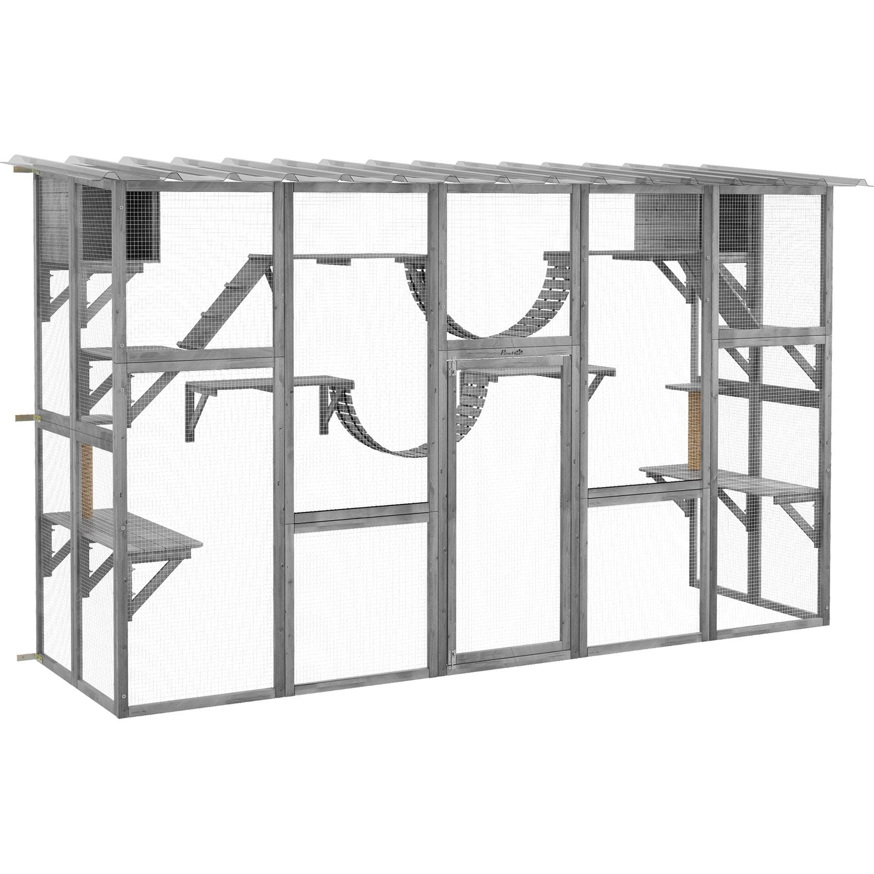 PawHut gray window-box enclosure with shelves and hanging hammocks