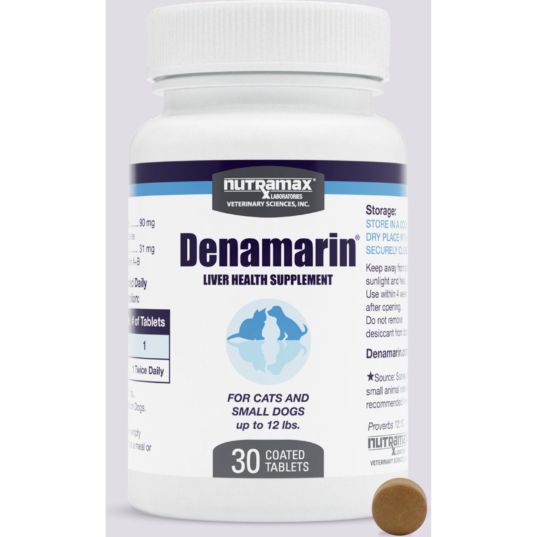 Nutramax Denamarin with S-Adenosylmethionine & Silybin Tablets Liver Supplement for Small Dogs & Cats, 30 count bottle