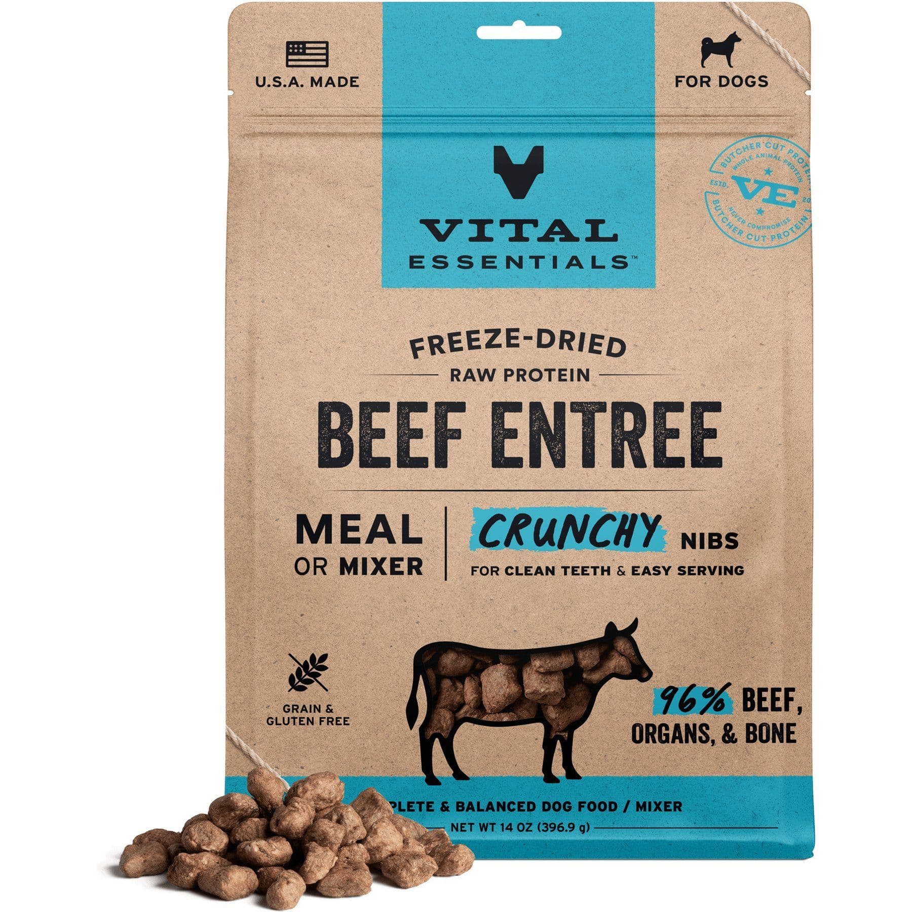 Vital Essentials Crunchy Nibs Raw Beef Entree Freeze-Dried Dog Food & Topper, 14-oz bag