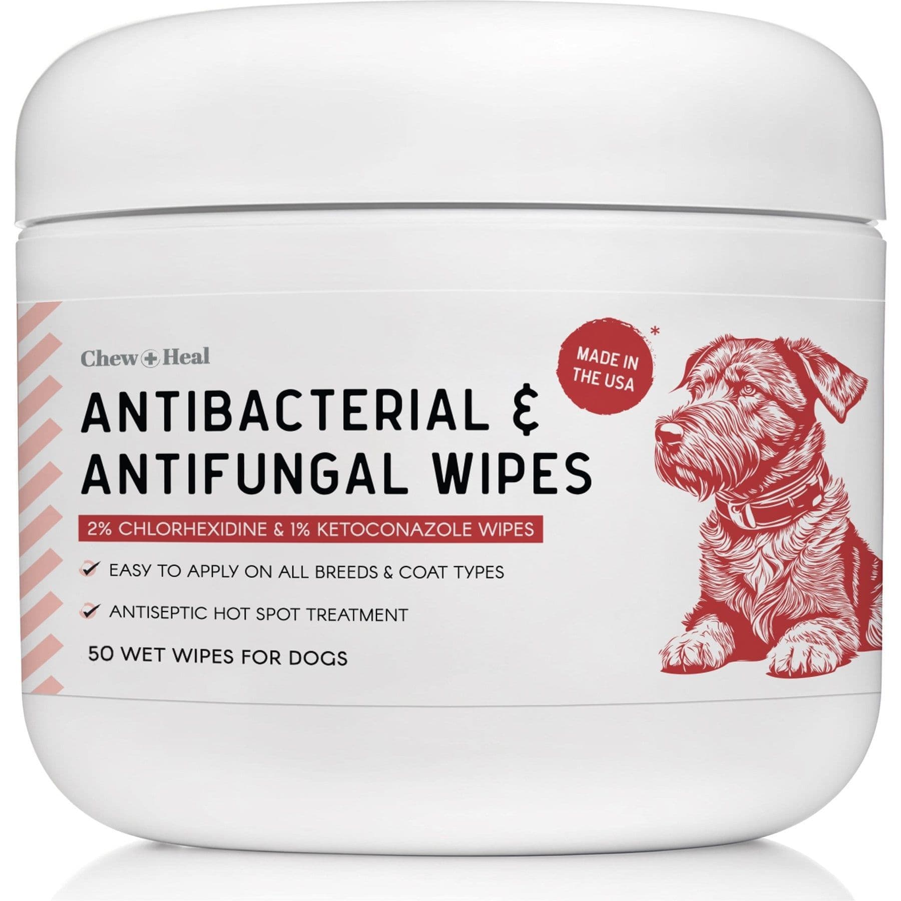Chew + Heal Antibacterial & Antifungal Chlorhexidine & Ketoconazole Dog & Cat Grooming Wipes, 50 count
