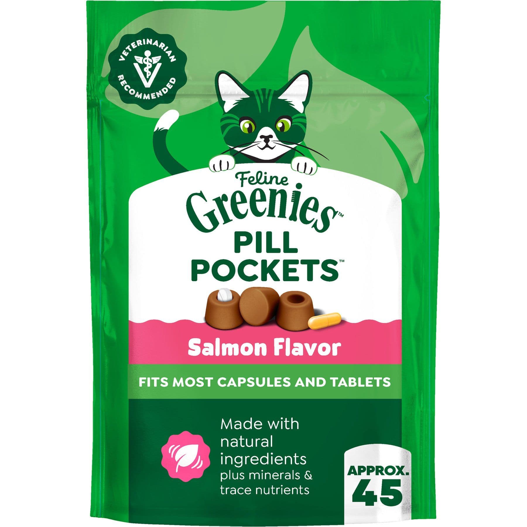 Greenies Pill Pockets Feline Natural Salmon Flavor Soft Adult Cat Treats, 45 count