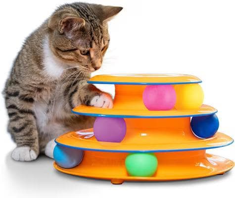 Tabby cat batting a ball on the orange three-tier Catstages Tower of Tracks cat toy