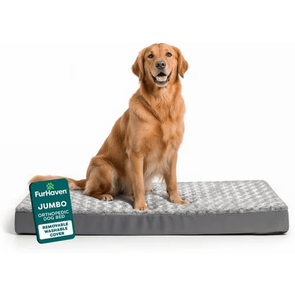 FurHaven NAP ultra plush orthopedic dog bed in gray with a golden retriever resting on it