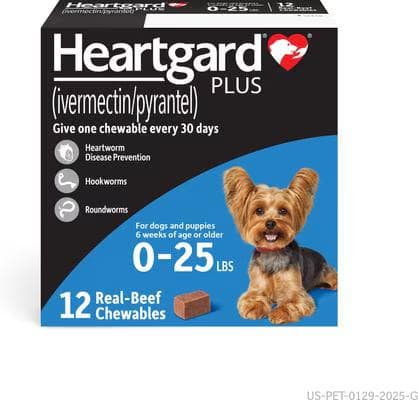 Blue box of Heartgard Plus ivermectin and pyrantel chewables for dogs up to 25 pounds, 12 count