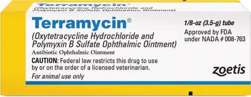 Terramycin Ophthalmic Ointment 3.5-g tube carton, oxytetracycline and polymyxin B antibiotic eye ointment