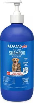 Adams Plus Flea and Tick Shampoo bottle for cats and dogs, sensitive skin, 24 fluid ounces