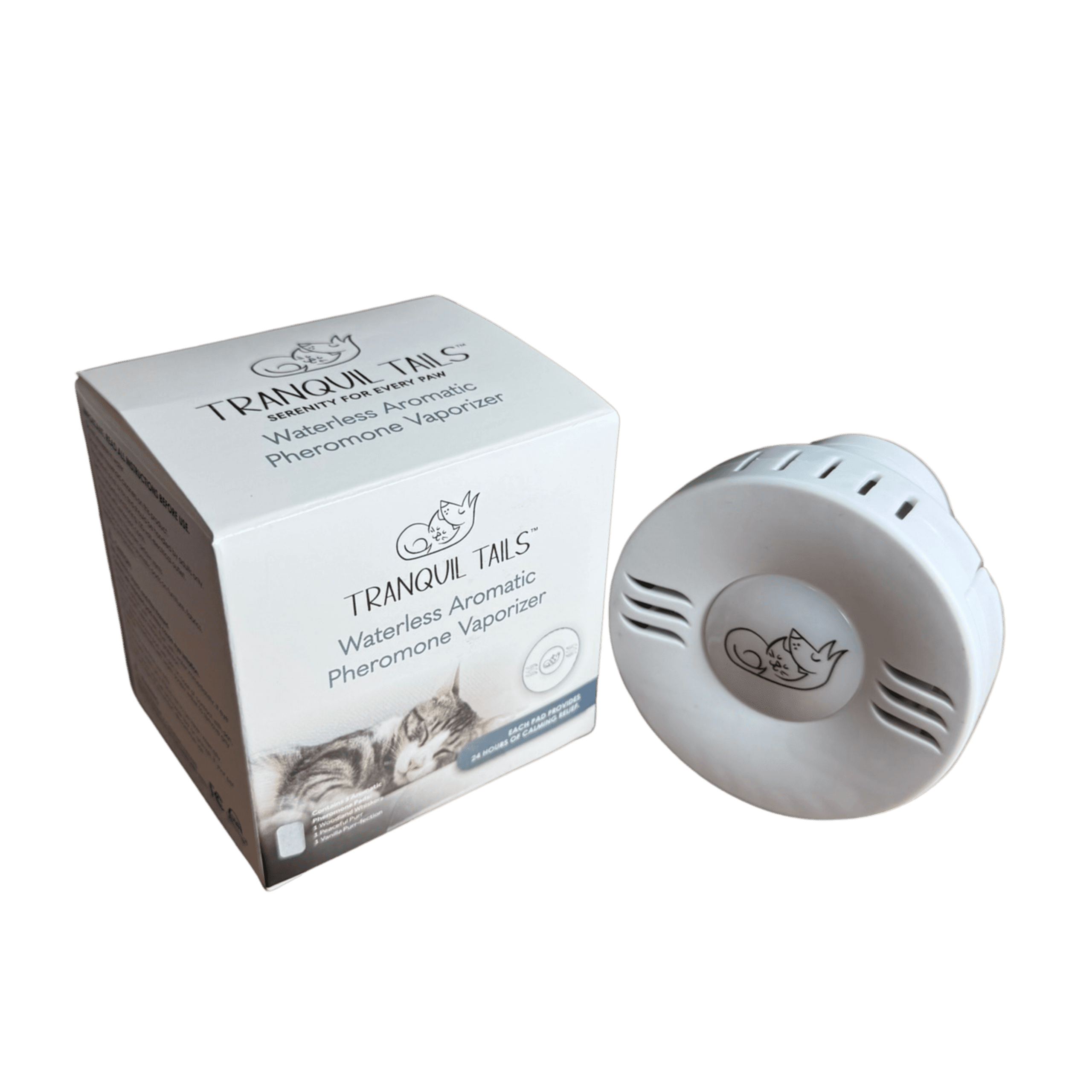 Tranquil Tails Pheromone Calming Diffuser for Cats device and retail packaging
