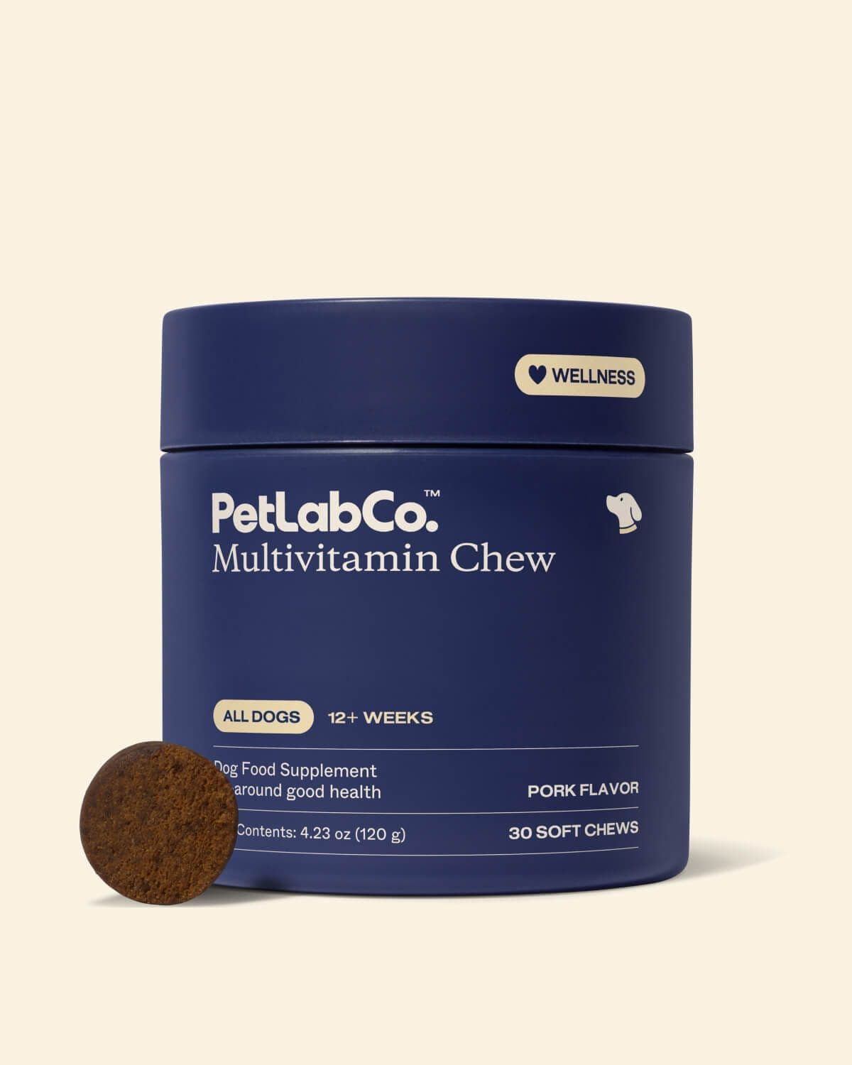 PetLabCo. Multivitamin Chew tub and brown soft chew on a pale cream background