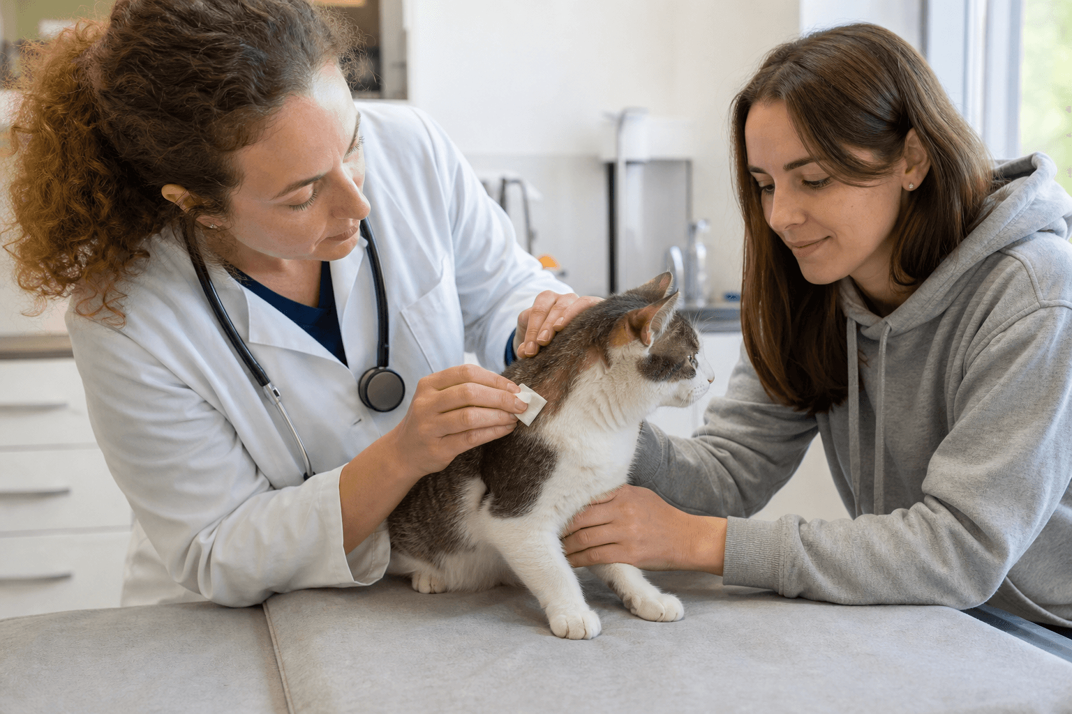 Veterinarian examining a cat's healing skin wound while the owner looks on