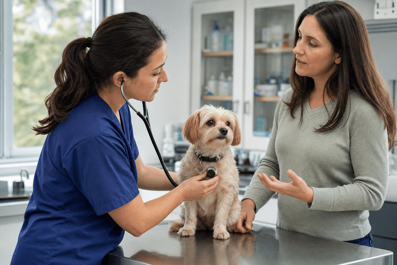Veterinarian listening to an alert dog's chest during a respiratory examination
