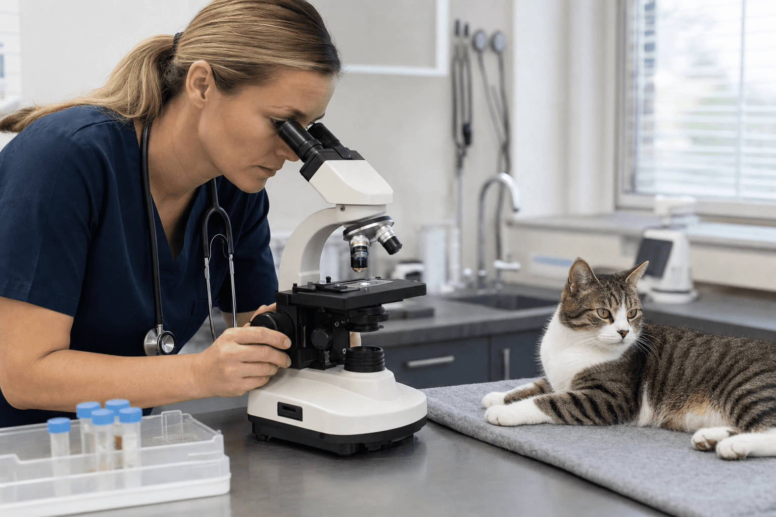 Veterinarian discussing feline fecal test results with a cat owner in an examination room