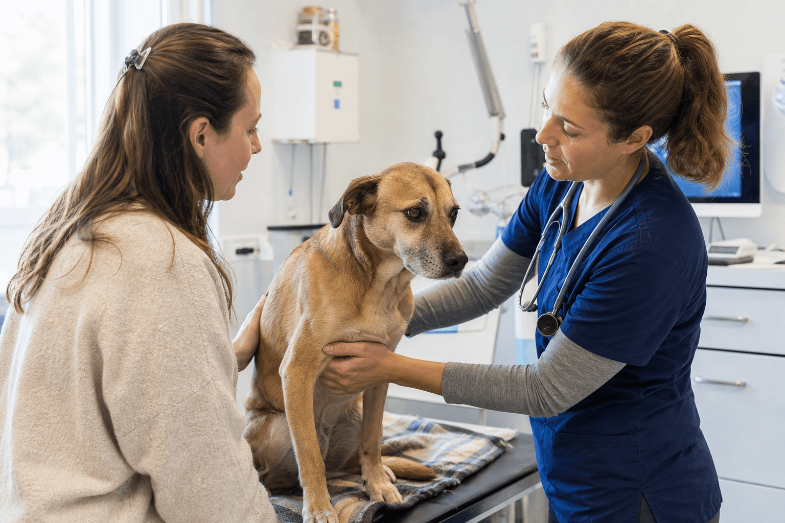 Veterinarian examining a dog with mild digestive discomfort while speaking with the owner