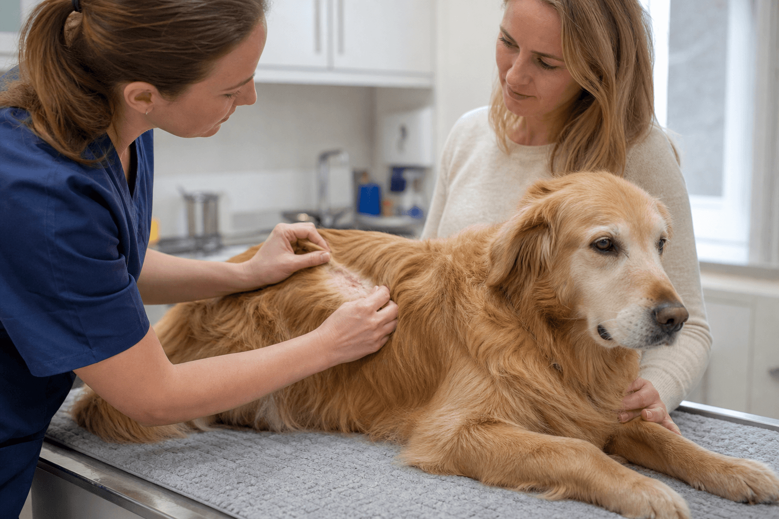Veterinarian examining the skin of a golden retriever during an allergy-treatment recheck