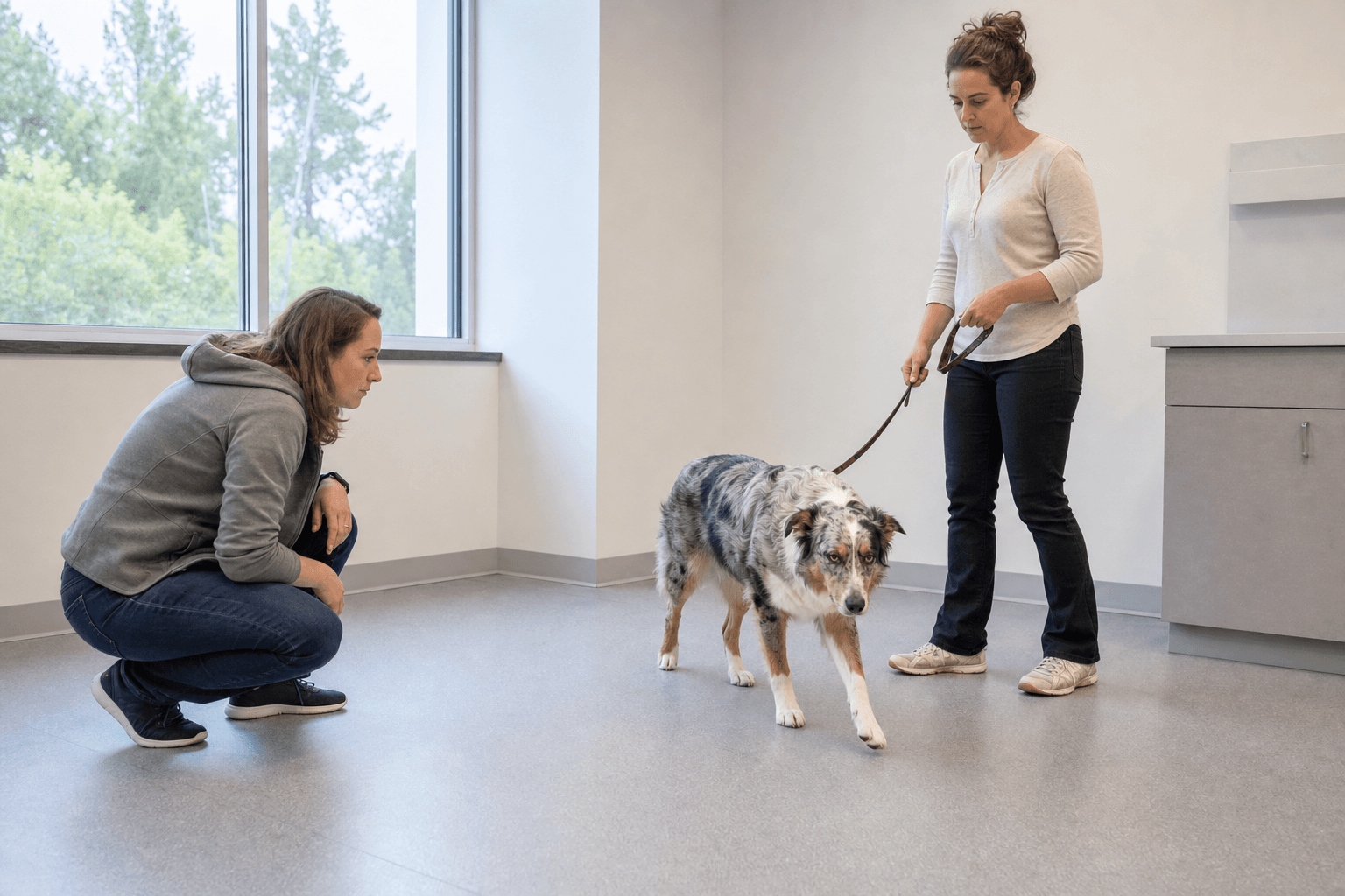 Veterinarian performing a neurologic examination on a dog that developed balance problems