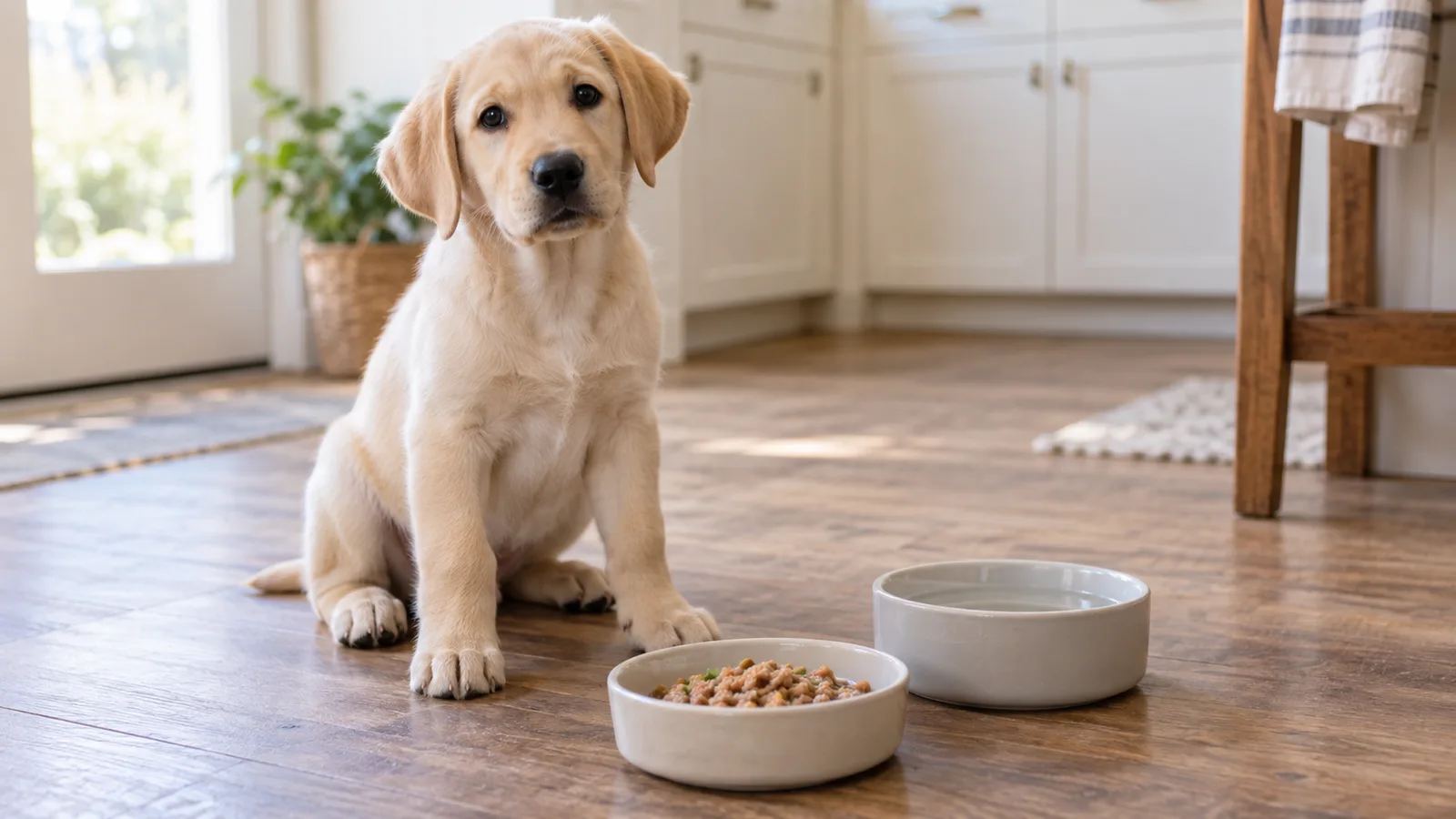 Yellow Labrador puppy beside a small bowl of representative cooked food and a water bowl