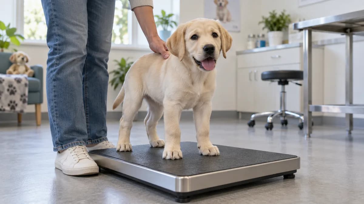 Yellow Labrador puppy standing on a low veterinary platform scale