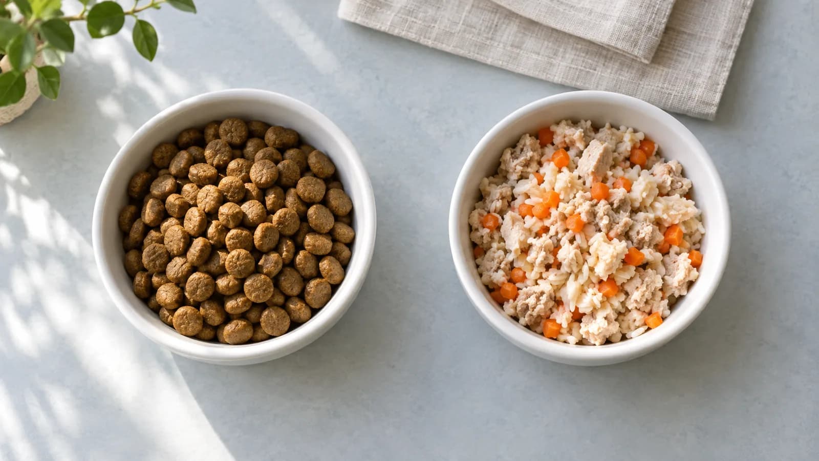 Overhead view of separate bowls of dry kibble and representative cooked dog food