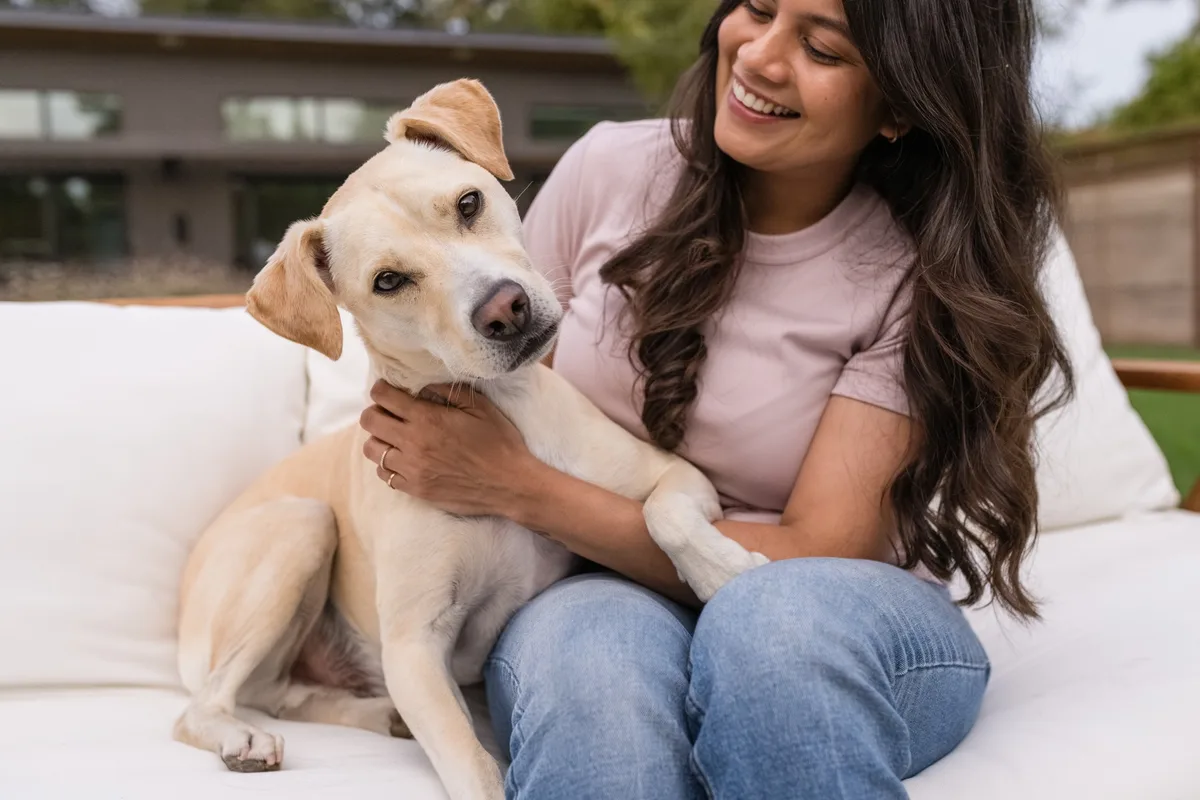 A woman with a cream-colored Labrador outdoors
