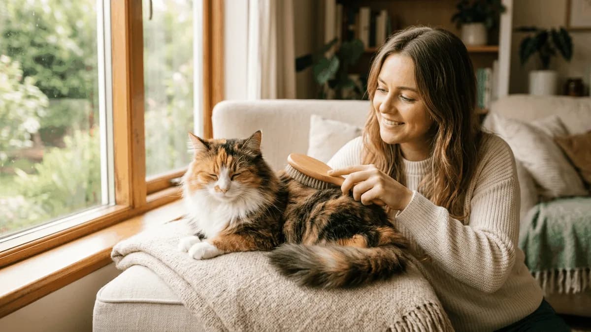 A person gently brushing a calm long-haired cat beside a bright window