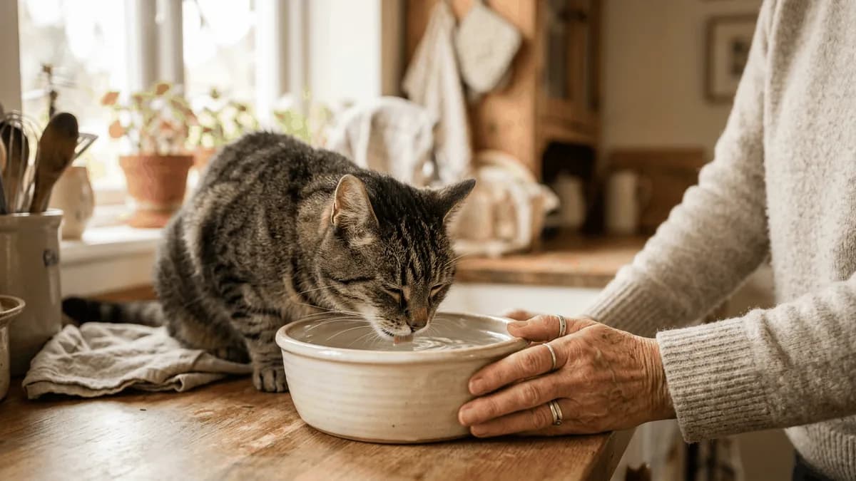 A senior tabby cat drinking from a wide water bowl in a sunny kitchen