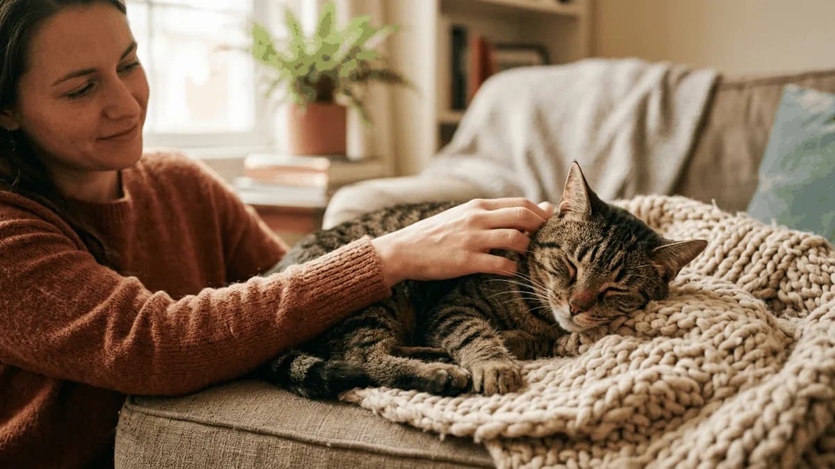 Owner gently comforting a calm tabby cat resting on a couch at home