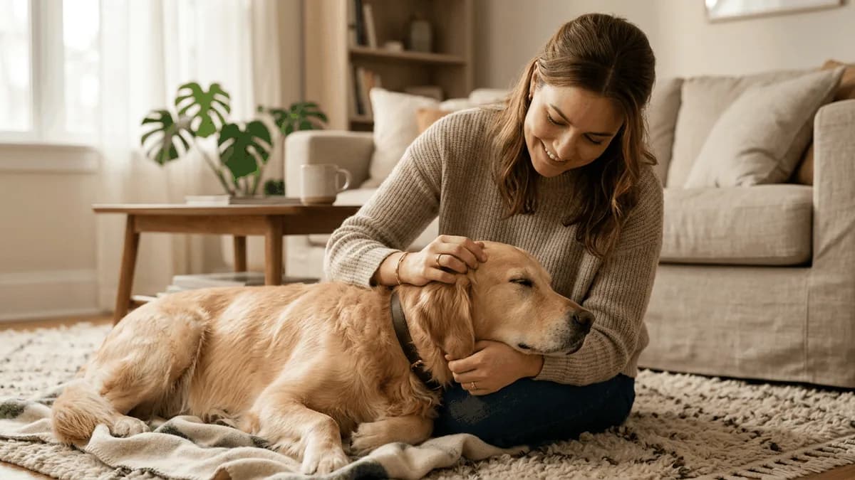 An owner gently comforting a calm resting dog at home