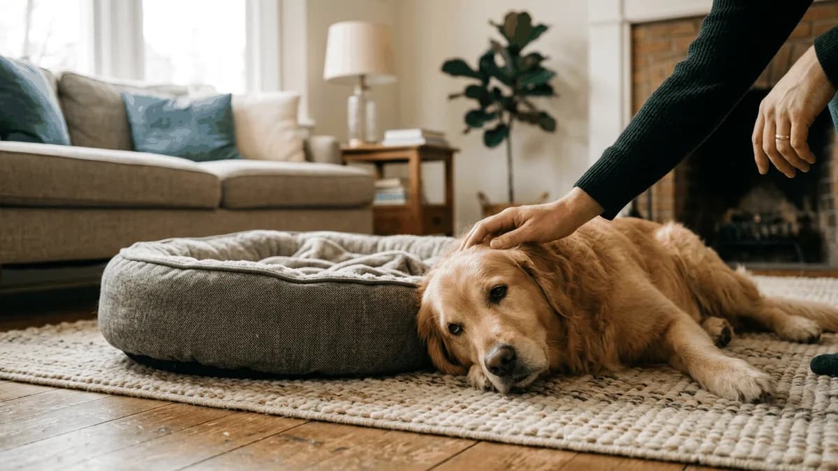 A calm dog resting on a living room rug while an owner reaches to comfort it